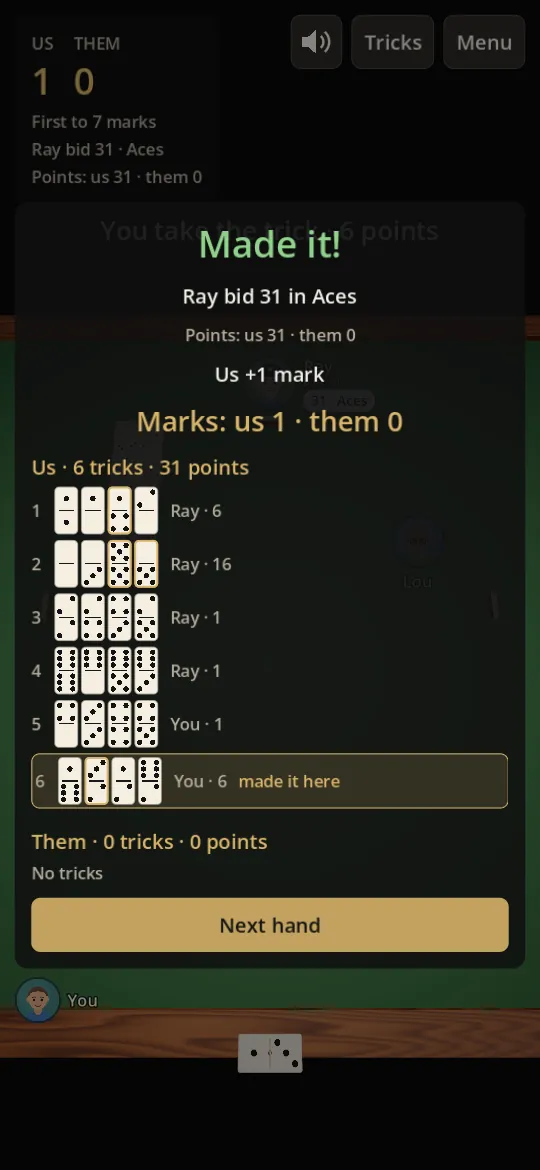 The hand summary on a phone: the bid was made, with every trick your team took and the trick that made it